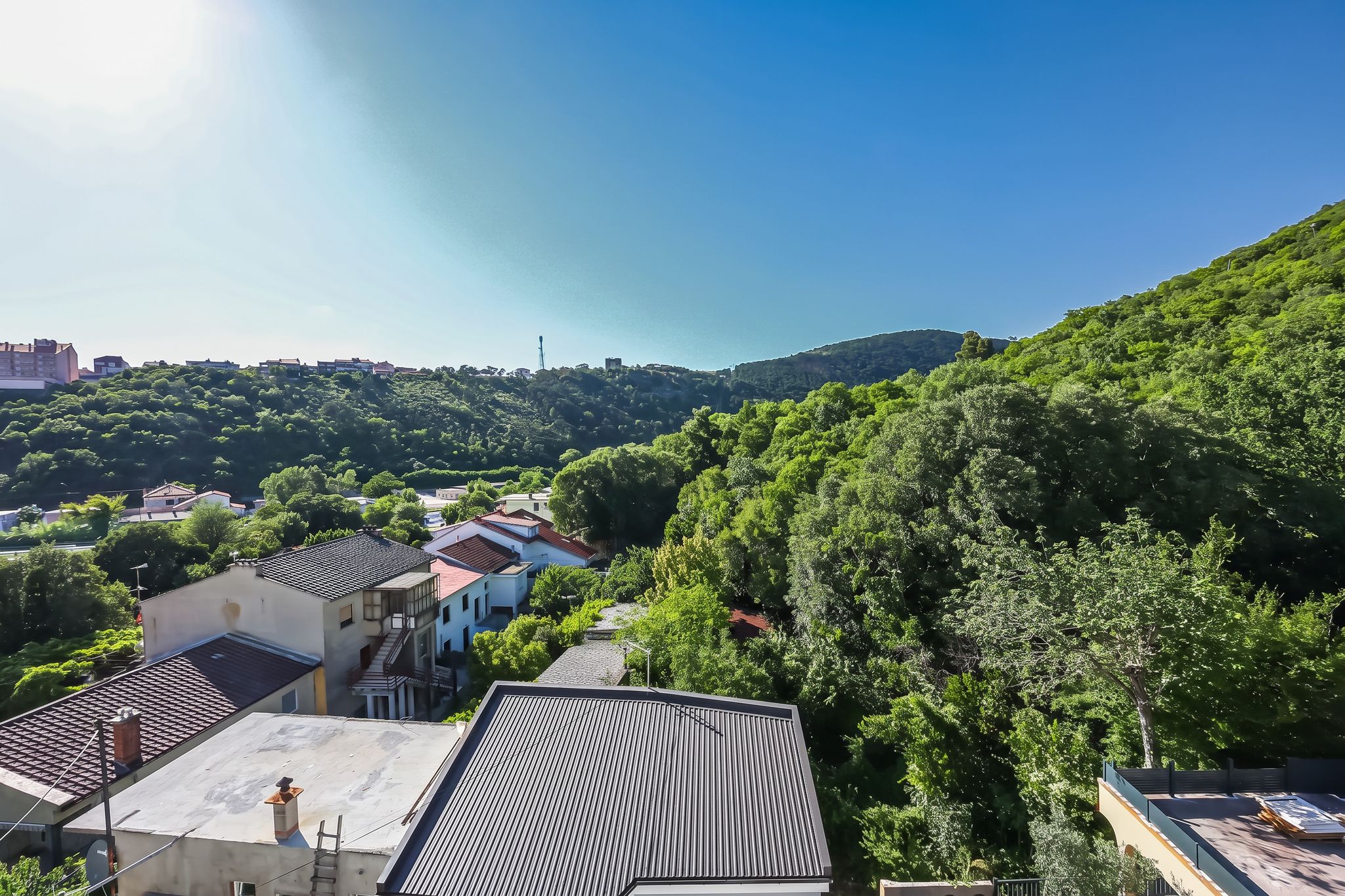 The view from the roof balcony over neighbouring roofs to the wooded hill